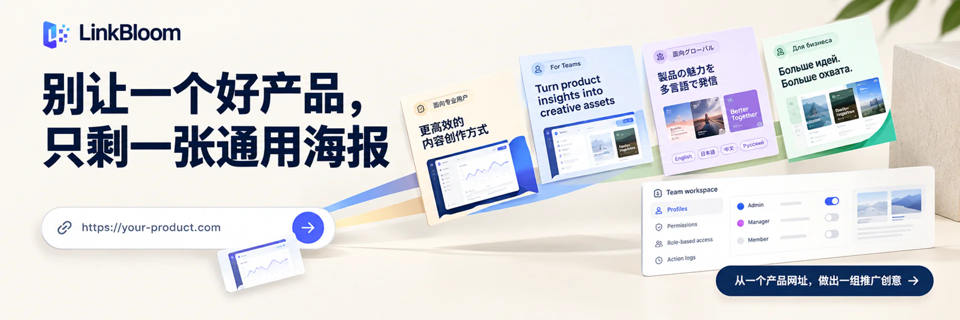 LinkBloom 将一份产品事实推演为多条营销创意路径的流程插画