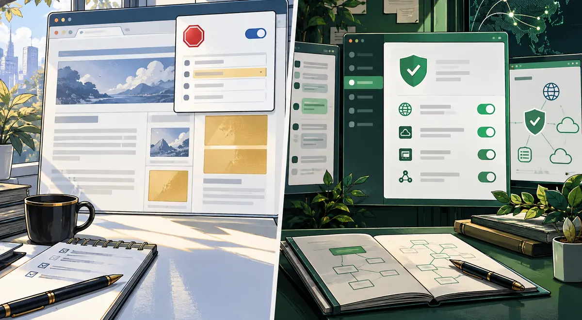 Adblock Plus 与 AdGuard AdBlocker 的场景插画