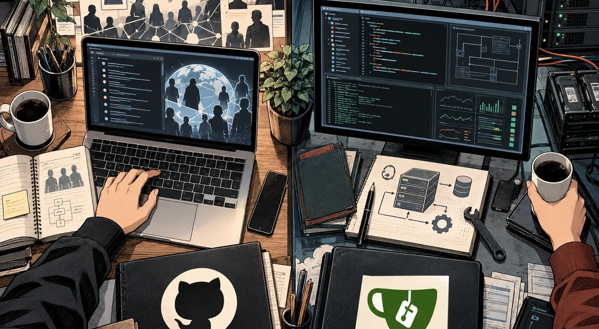 GitHub 与 gitea 的场景插画