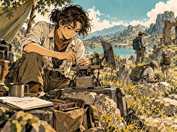 探险家在现场调整方案的漫画场景